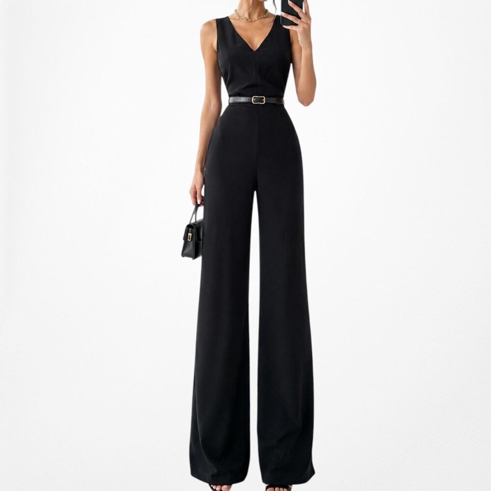 Vintage Y2K 90s Black Sleeveless V-Neck Straight Leg Waist Tie Jumpsuit Size M/L